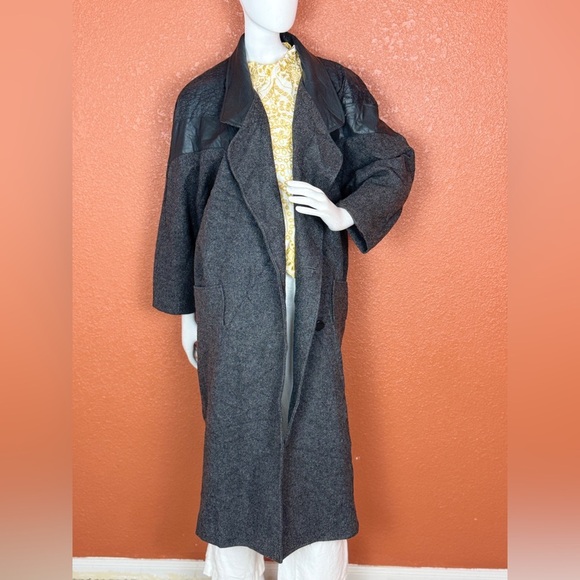 David Bengamin Vintage Wool Leather Black Long Trench Coat Shoulder Pads Size 7 - Picture 6 of 17